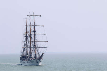 The Indonesian Navy sail training vessel KRI Dewaruci in the middle of javanesse ocean, north Madura, Indonesia. Surabaya, Indonesia - April, 2019のeditorial素材