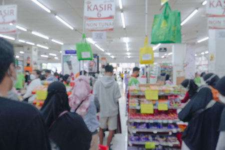 Abstract blurred of isle interior in a market, with bokeh light background.の写真素材