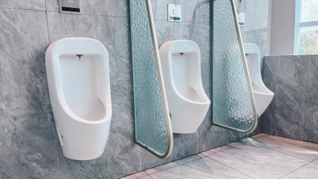 Men's toilet. Row of outdoor urinals men public toilet, Closeup white urinals in men's bathroom. Empty advertisement in public toiletの写真素材