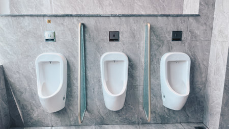 Men's toilet. Row of outdoor urinals men public toilet, Closeup white urinals in men's bathroom. Empty advertisement in public toiletの写真素材