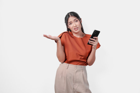 Young Asian woman in a brown shirt is holding a cell phone. She looks at the phone screen with confused expression.の写真素材