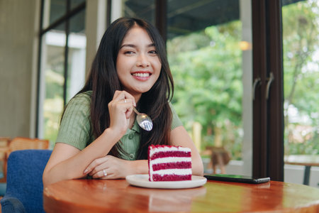 A woman is eating a slice of red velvet cake. She is smiling and she is enjoying her dessert.