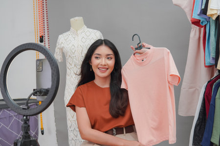 Beautiful young Asian woman is holding a pink shirt in front of a live shopping camera. She is smiling and seems happy.の写真素材