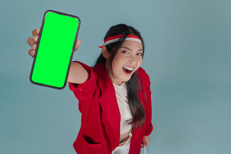 Cheerful young Indonesian woman smiling while showing copy space on her phone screen to the camera. Indonesia Independence Day concept.の写真素材