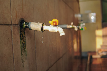 A wall with a row of yellow faucets in mosque. The faucets are dripping water, used for wudu.の写真素材