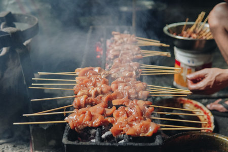 The process of making Indonesian chicken satay in traditional way using charcoal, tasty Asian cuisine.の写真素材