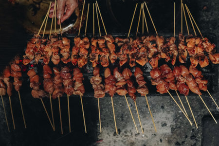 The process of making Indonesian chicken satay in traditional way using charcoal, tasty Asian cuisine.の写真素材