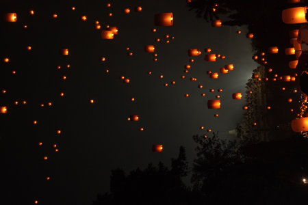 Vertical oriented picture of people are holding lit lanterns and flying them in the air during Vesak...