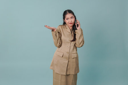 Confused government worker woman holding her smartphone while having a call, isolated by blue background. PNS and civil servant concept.の写真素材