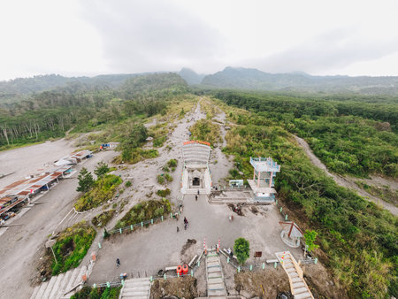 Aerial view of Bunker Kaliadem, abandoned concrete shelter with views of the active Merapi volcano, Yogyakarta, Indonesia.の写真素材