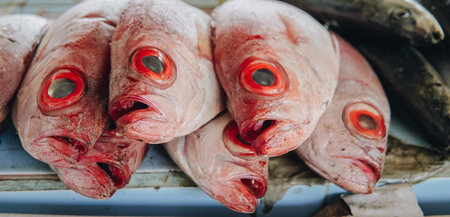 Close up picture of a pile of snapper and gourami fish on a table. The fishes are fresh and for sale in the market.の写真素材