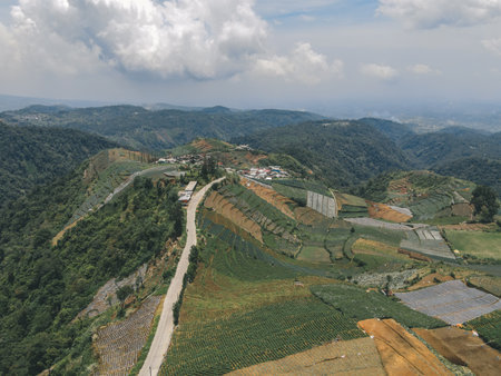 Aerial view of landscape mountain road in Dieng through Batang area, Wonosobo, Indonesia.