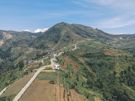 Aerial view of landscape mountain road in Dieng through Batang area, Wonosobo, Indonesia.の写真素材