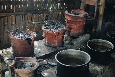 Portrait of traditional kitchen in Indonesia interior and atmosphere inside a traditional vintage house, mostly used for preparing delicious mealsの写真素材
