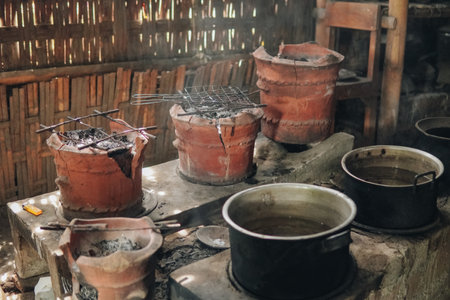 Portrait of traditional kitchen in Indonesia interior and atmosphere inside a traditional vintage house, mostly used for preparing delicious mealsの写真素材