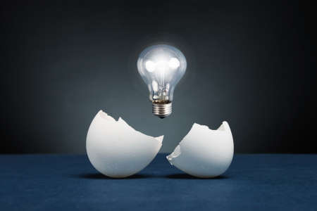 From the broken egg the shone lamp is pulled out.の写真素材