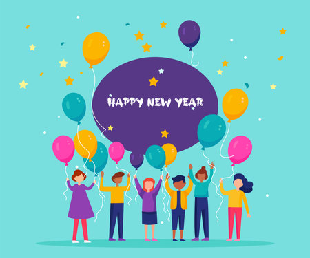 flat character for celebrating new year Template with balloonsのイラスト素材
