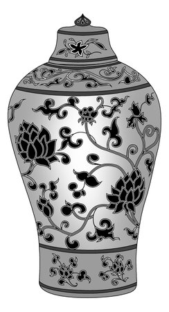 Decorative vase with floral pattern. Black and white vector illustration.の写真素材