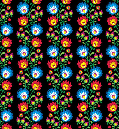 Seamless pattern with blue and red flowers on a black backgroundの写真素材