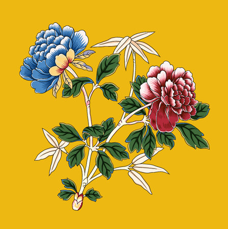 Hand drawn peony flowers. Vector illustration. Isolated on yellow background.の写真素材