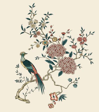 Birds and flowers. Hand drawn vector illustration in vintage style.の写真素材