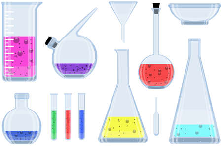Set of glassware - bowl, test tubes, pipette, funnel, flasks with colorful liquids for the chemical laboratoryのイラスト素材