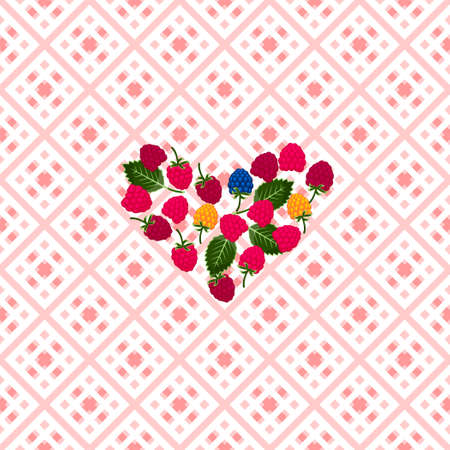 Heart-shaped raspberries on a checkered tableclothのイラスト素材