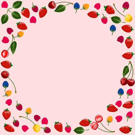 Square frame of different summer berries on a light pink backgroundのイラスト素材