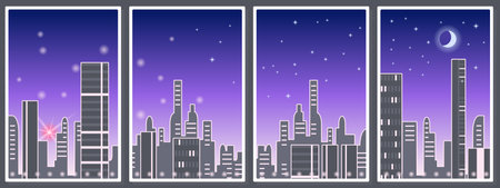 Panorama of a big city, high-rise buildings, the rising sun and the moon high in the skyのイラスト素材