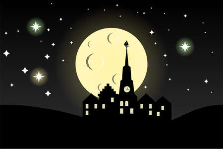 Night city against the background of the huge moonのイラスト素材