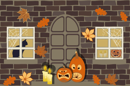 The wall of the house with windows and door, on the threshold are Halloween pumpkinsのイラスト素材