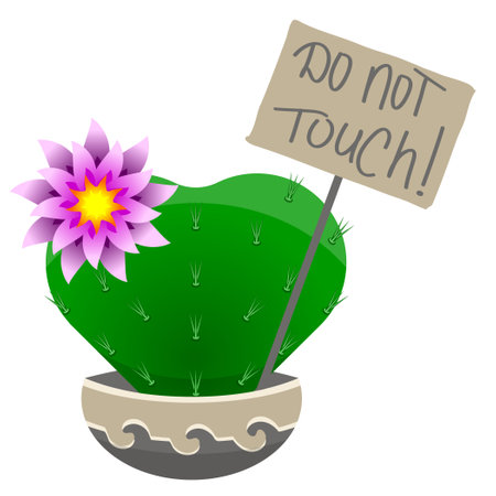 Blooming cactus heart shape in a pot with a sign do not touchのイラスト素材