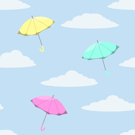 Colored umbrellas and white clouds, seamless patternのイラスト素材