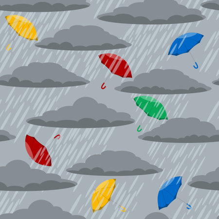 Gray clouds, rain and colored umbrellas, seamless patternのイラスト素材