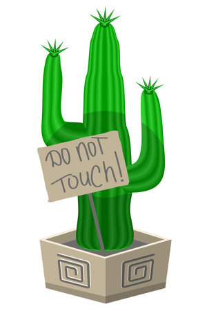Blooming cactus heart shape in a pot with a sign do not touchのイラスト素材