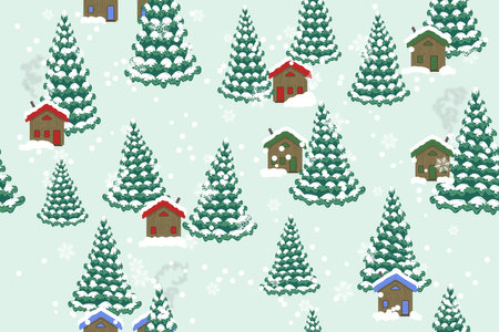 Small wooden houses in winter fores, Christmas trees in the snow, seamless patternのイラスト素材