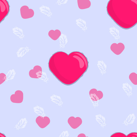 Delicate feathers and hot pink hearts, seamless vector pattern