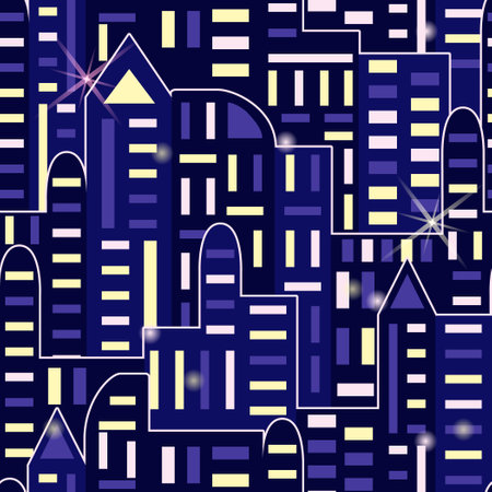 Night city, silhouette of houses with illuminated windows, minimalistic seamless patternのイラスト素材