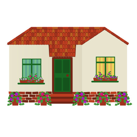 House with a tiled roof and lattice windows a white backgroundのイラスト素材