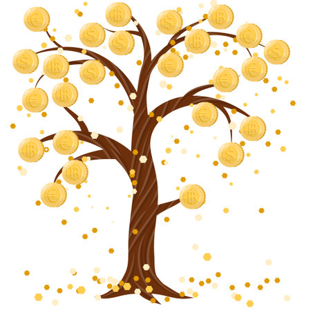 Isolated tree with gold coins dollars, euros, bitcoins, - instead of leavesのイラスト素材