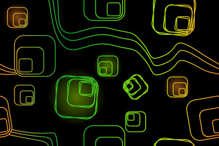 Abstract seamless pattern - rainbow color squares and lines on black backgroundのイラスト素材