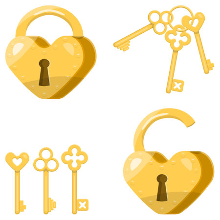 Locks in the shape of a heart closed and open, a bunch of keys - isolated items on a white backgroundのイラスト素材