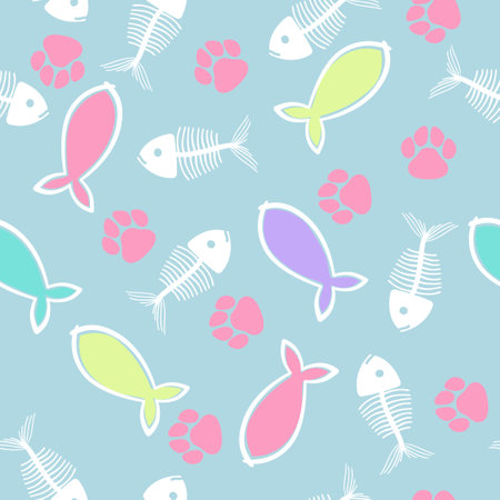 Cat paws, fish, skeletons of fish gentle blue background, seamless patternのイラスト素材