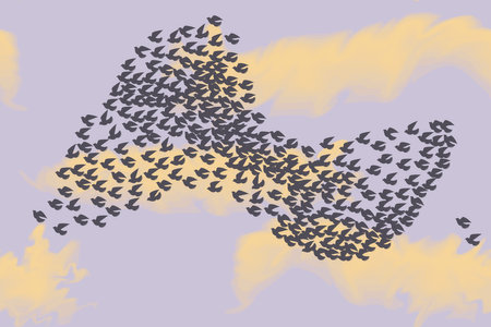 Big flock of black birds and cloudy sky, seamless patternのイラスト素材