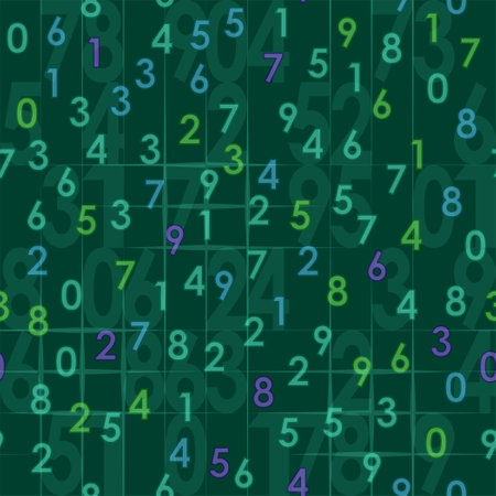 Seamless pattern on a dark green background with numbers of different colors and sizesのイラスト素材