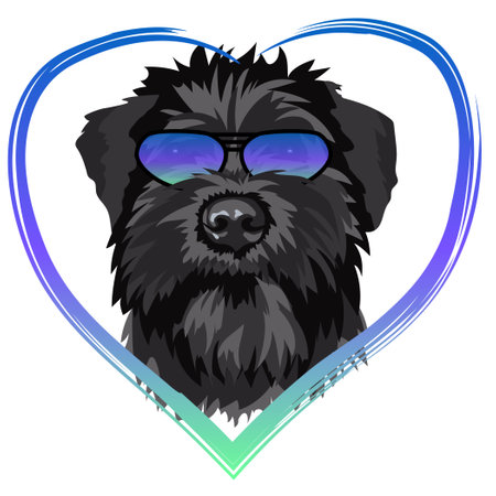 Portrait of black schnauzer in sunglasses inside heart frame on white backgroundのイラスト素材