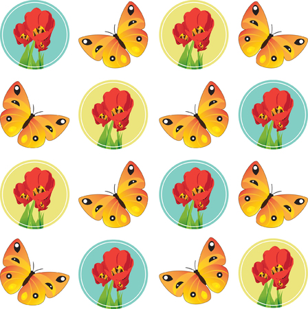 Vector illustration. Seamless composition consisting of figures of yellow butterflies and red tulips in circles. Isolated on a white. Without jointsのイラスト素材
