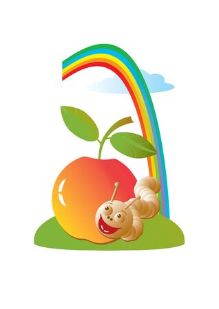 Vector Illustration of red apple, merry worm and rainbow is in sky. Isolated on a white.のイラスト素材