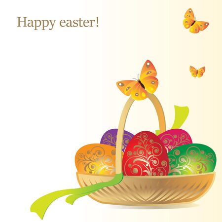 Vector illustration. Decorative painted eggs and herbs in a wicker low basket with handle. Above the basket flying yellow butterflyのイラスト素材