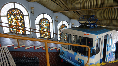 01 20 2018 KYIV UKRAINE Ancient Kiev funicular 1905. Interior of the upper station with a trailer...